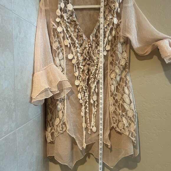 Scully silk and lace Women's Tunic Top Boho Western Chic Taupe Large - Picture 6 of 12